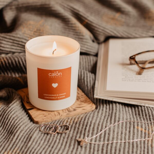 Lifestyle shot of a Lemongrass & Ginger candle scented candle from Welsh candle company, Calon Home