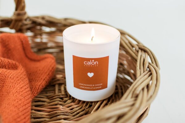 A Lemongrass & Ginger candle scented candle from Welsh candle company, Calon Home