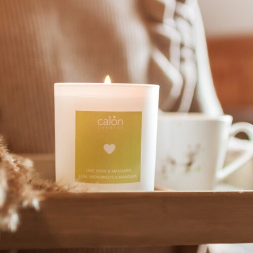 A Lime Basil & Mandarin candle scented candle from Welsh candle company, Calon Home