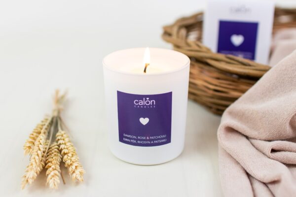 A damson, rose and patchouli candle scented candle from Welsh candle company, Calon Home