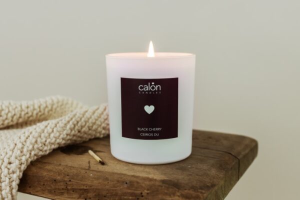 A Black Cherry candle scented candle from Welsh candle company, Calon Home
