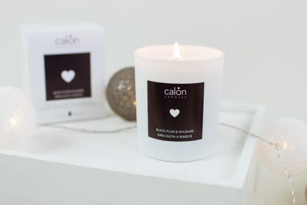 A Black Plum and rhubarb candle scented candle from Welsh candle company, Calon Home.