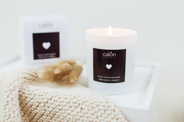 A Black Plum & Rhubarb candle scented candle from Welsh candle company, Calon Home