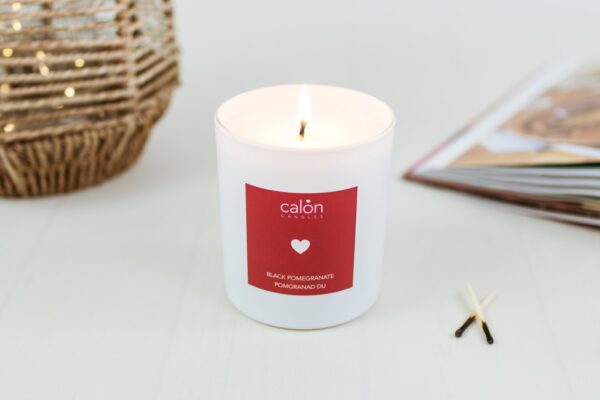 A Black Pomegranate candle scented candle from Welsh candle company, Calon Home