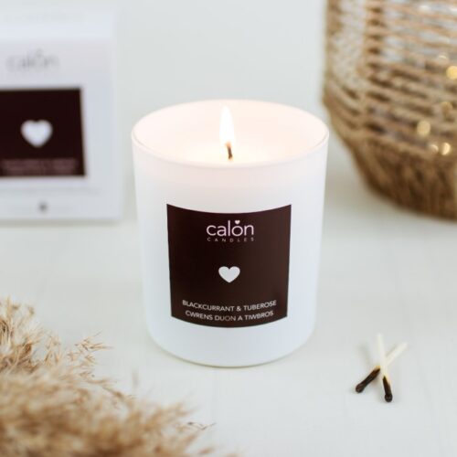 A Blackcurrant & Tuberose candle scented candle from Welsh candle company, Calon Home