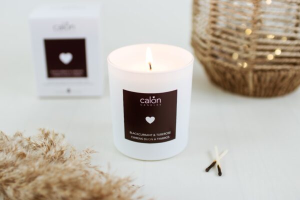 A Blackcurrant & Tuberose candle scented candle from Welsh candle company, Calon Home