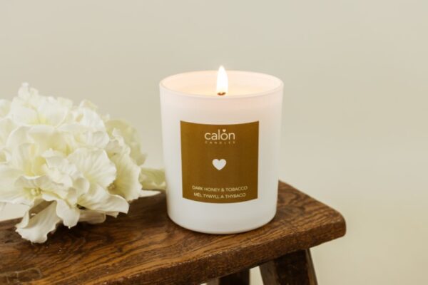 A Dark Honey & Tobacco candle scented candle from Welsh candle company, Calon Home