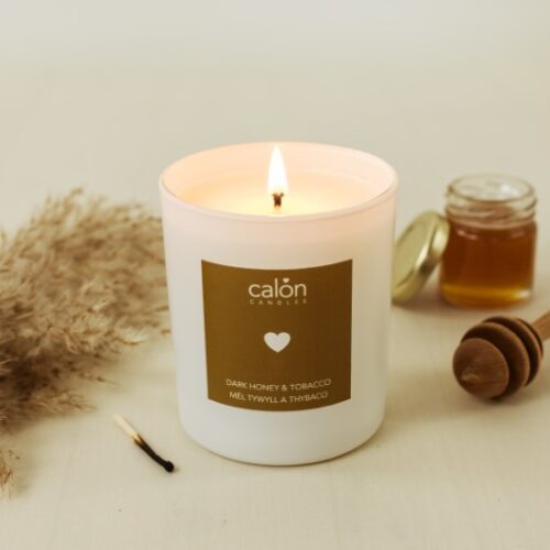 A Dark Honey and Tobacco candle scented candle from Welsh candle company, Calon Home