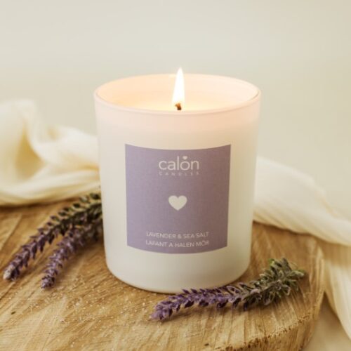 A Lavender and Sea Salt candle scented candle from Welsh candle company, Calon Home