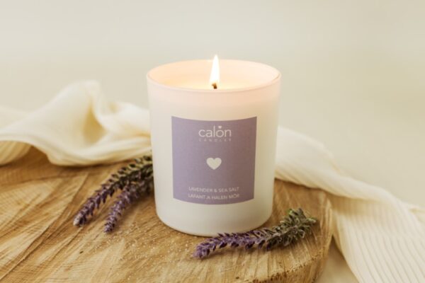A Lavender and Sea Salt candle scented candle from Welsh candle company, Calon Home