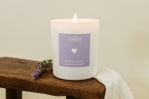 A Lavender & Sea Salt candle scented candle from Welsh candle company, Calon Home