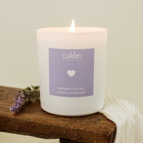 A Lavender & Sea Salt candle scented candle from Welsh candle company, Calon Home
