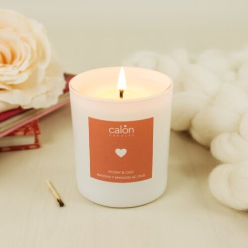 A Peony and Oud candle scented candle from Welsh candle company, Calon Home