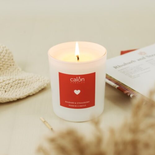 A Rhubarb and Strawberry candle scented candle from Welsh candle company, Calon Home