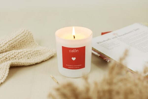 A Rhubarb and Strawberry candle scented candle from Welsh candle company, Calon Home