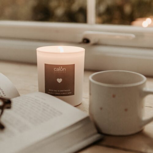 A Rock Salt & Driftwood coastal candle scented candle from Welsh candle company, Calon Home