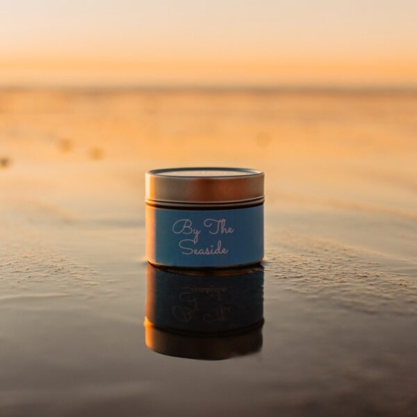By the Seaside mini tin candle on beach