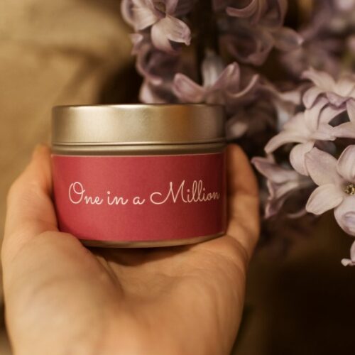 one in a million bilingual mini tin candle pink